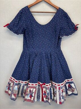 VTG Handmade Quilt Boho Prairie Patchwork Red White Blue Midi Dress Large 70’s